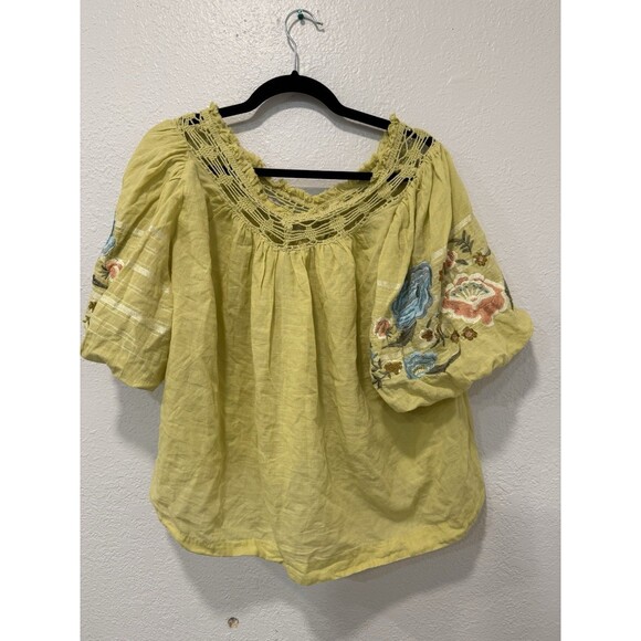 Free People Lime Bohemia Embroidered Top Small  Crochet Boho Peasant Flowy - Picture 3 of 6